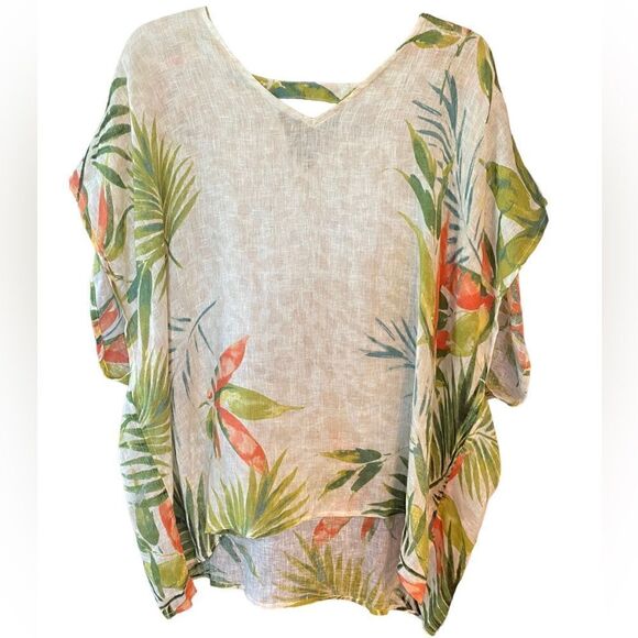 Chico’s Sz S/M Beige Orange Tropical Palms Linen Relaxed Fit Keyhole Front Tunic - Picture 1 of 6